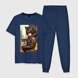 Пижама хлопковая мужская Девчонка фурри с волчонком - стимпанк - нейросеть, цвет: тёмно-синий