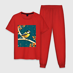 Пижама хлопковая мужская Синица на ветке, цвет: красный