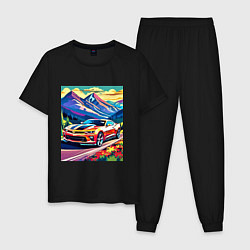 Пижама хлопковая мужская Авто на фоне гор, цвет: черный