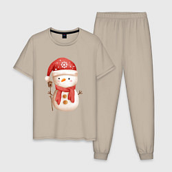 Пижама хлопковая мужская Маленький снеговик, цвет: миндальный