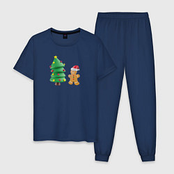 Пижама хлопковая мужская Пряничный человечек у елки, цвет: тёмно-синий