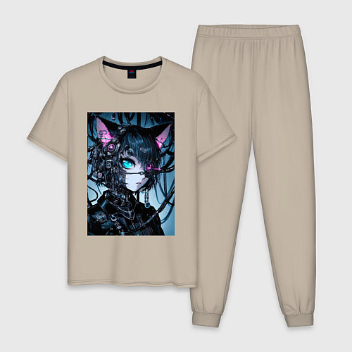 Мужская пижама Cyber cat - ai art / Миндальный – фото 1