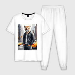 Пижама хлопковая мужская Чувак пума в Нью-Йорке - нейросеть, цвет: белый