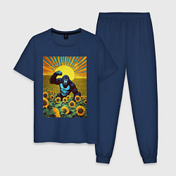 Пижама хлопковая мужская Горилла ныряет в подсолнух, цвет: тёмно-синий