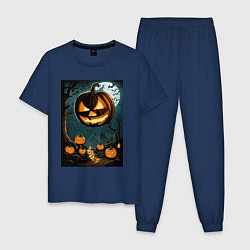 Пижама хлопковая мужская Джек фонарь в лесу, цвет: тёмно-синий