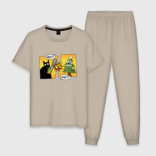 Мужская пижама Кот против елки / Миндальный – фото 1