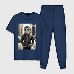 Пижама хлопковая мужская Лев модник в Нью-Йорке - нейросеть, цвет: тёмно-синий