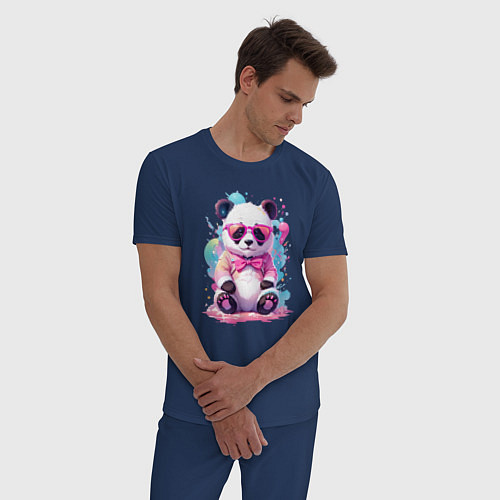 Мужская пижама Милая панда в розовых очках и бантике / Тёмно-синий – фото 3