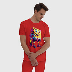Пижама хлопковая мужская Губка Боб с пистолетом - киберпанк - нейросеть, цвет: красный — фото 2