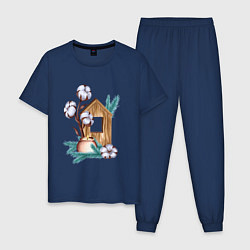 Пижама хлопковая мужская Деревянный домик со свечой, хлопком и еловыми ветк, цвет: тёмно-синий