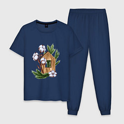 Пижама хлопковая мужская Деревянный домик с хлопком и еловыми ветками, цвет: тёмно-синий