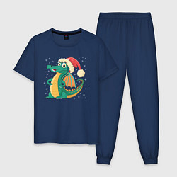 Пижама хлопковая мужская Милый дракончик в новогодней шапке, цвет: тёмно-синий