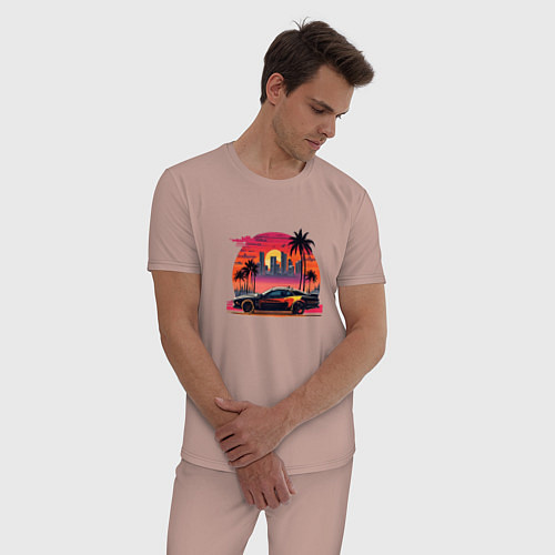 Мужская пижама Ретро закат в Майями и гоночная машина / Пыльно-розовый – фото 3