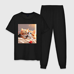 Пижама хлопковая мужская Кошки и сердечки, цвет: черный