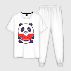 Пижама хлопковая мужская Панда ест арбуз, цвет: белый