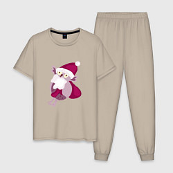 Пижама хлопковая мужская Совушка - дед мороз, цвет: миндальный