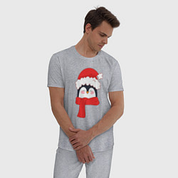 Пижама хлопковая мужская Новогодний пингвин в шапке Деда Мороза, цвет: меланж — фото 2