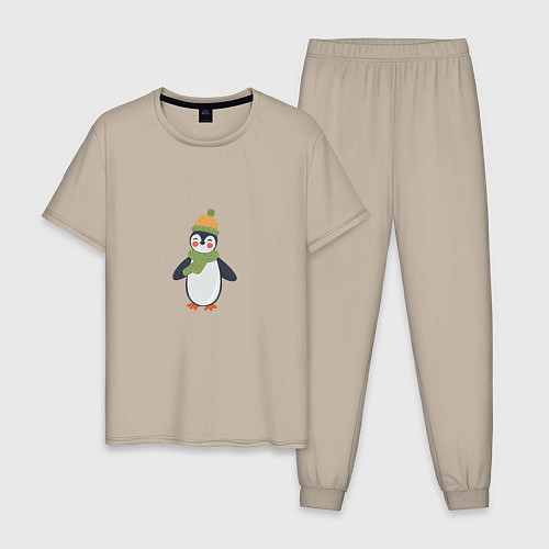 Мужская пижама Весёлый пингвин в шапке / Миндальный – фото 1