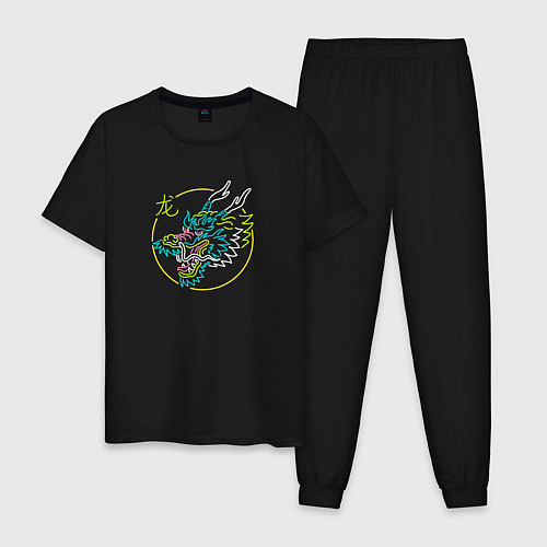 Мужская пижама Неоновый дракон - символ / Черный – фото 1