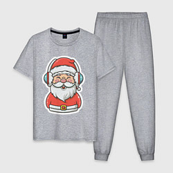 Пижама хлопковая мужская Дед Мороз в наушниках, цвет: меланж