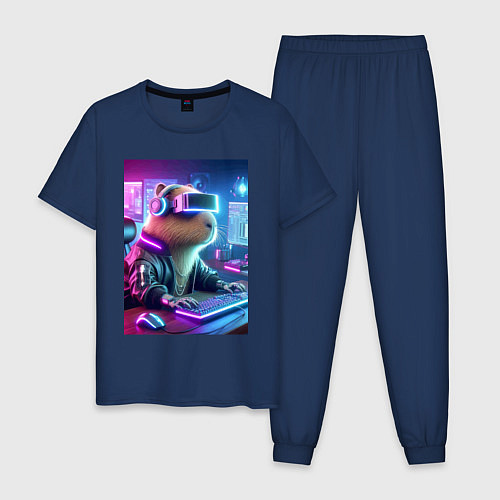 Мужская пижама Капибара игроман - неоновое свечение / Тёмно-синий – фото 1