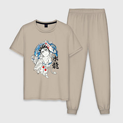 Пижама хлопковая мужская Танджиро Камадо и иероглифы, цвет: миндальный