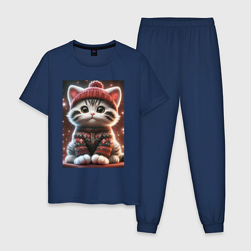 Мужская пижама Котенок в свитере / Тёмно-синий – фото 1