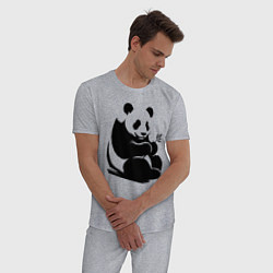 Пижама хлопковая мужская Сидящая чёрная панда с бамбуком, цвет: меланж — фото 2