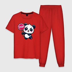 Пижама хлопковая мужская Милая панда со знаком стоп, цвет: красный