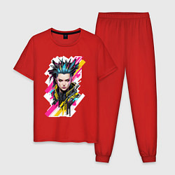 Пижама хлопковая мужская Портрет девушки Cyberpunk 2077, цвет: красный