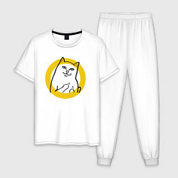 Пижама хлопковая мужская Кот мем черно белый, цвет: белый