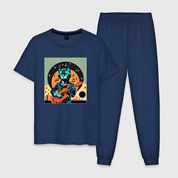 Пижама хлопковая мужская Кот с гитарой в стиле Дэвида Боуи, цвет: тёмно-синий