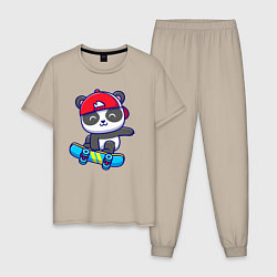 Пижама хлопковая мужская Panda skater, цвет: миндальный
