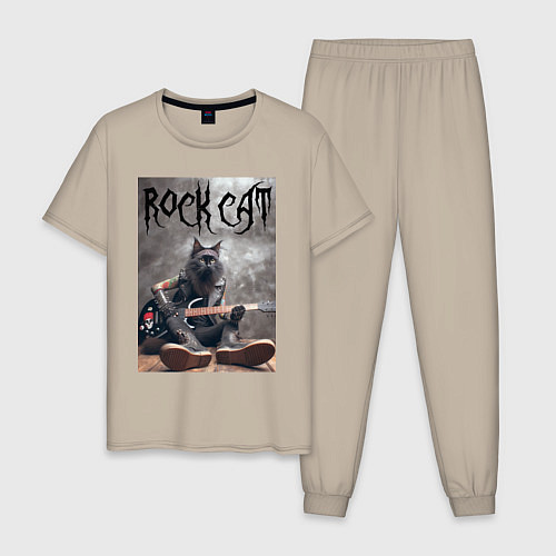 Мужская пижама Rock cat - ai art / Миндальный – фото 1