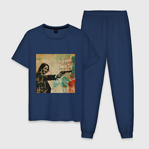 Мужская пижама Джон Уик с пистолетом портрет в стиле гранж / Тёмно-синий – фото 1