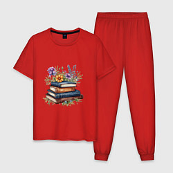 Пижама хлопковая мужская Стопка книг с полевыми цветами, цвет: красный