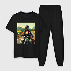 Пижама хлопковая мужская Mona Lisa on a motorcycle - ai art, цвет: черный