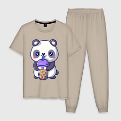 Пижама хлопковая мужская Panda drink, цвет: миндальный