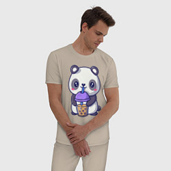Пижама хлопковая мужская Panda drink, цвет: миндальный — фото 2