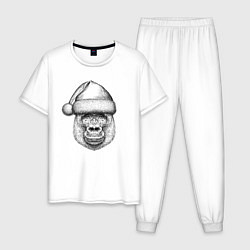 Пижама хлопковая мужская Новогодняя горилла в шапке, цвет: белый