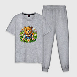 Пижама хлопковая мужская Медведь среди ромашек, цвет: меланж