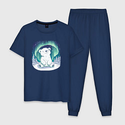 Пижама хлопковая мужская Белый медвежонок под северным сиянием, цвет: тёмно-синий
