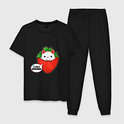 Пижама хлопковая мужская Милый кот клубника тащи клубнику, цвет: черный