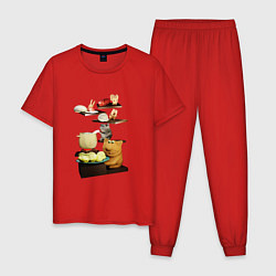 Пижама хлопковая мужская Друзья с котом готовят пельмени, цвет: красный