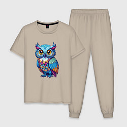 Пижама хлопковая мужская Яркая разноцветная сова, цвет: миндальный