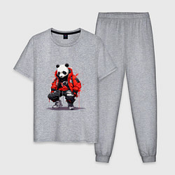 Пижама хлопковая мужская Модная панда в красной куртке, цвет: меланж