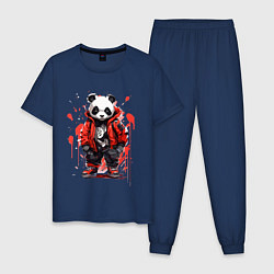 Пижама хлопковая мужская Модная панда в красной куртке, цвет: тёмно-синий