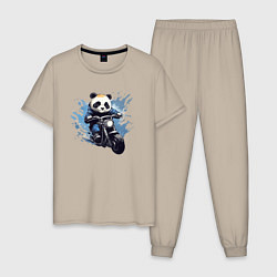 Пижама хлопковая мужская Панда-мотоциклист, цвет: миндальный