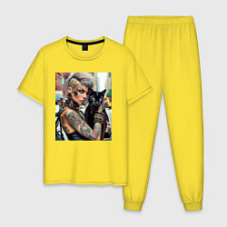 Пижама хлопковая мужская Девчонка панк в татухах с чёрным котом - нейросеть, цвет: желтый