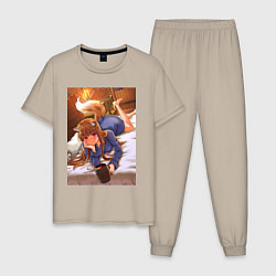 Пижама хлопковая мужская Волчица и пряности Холо с кружкой, цвет: миндальный